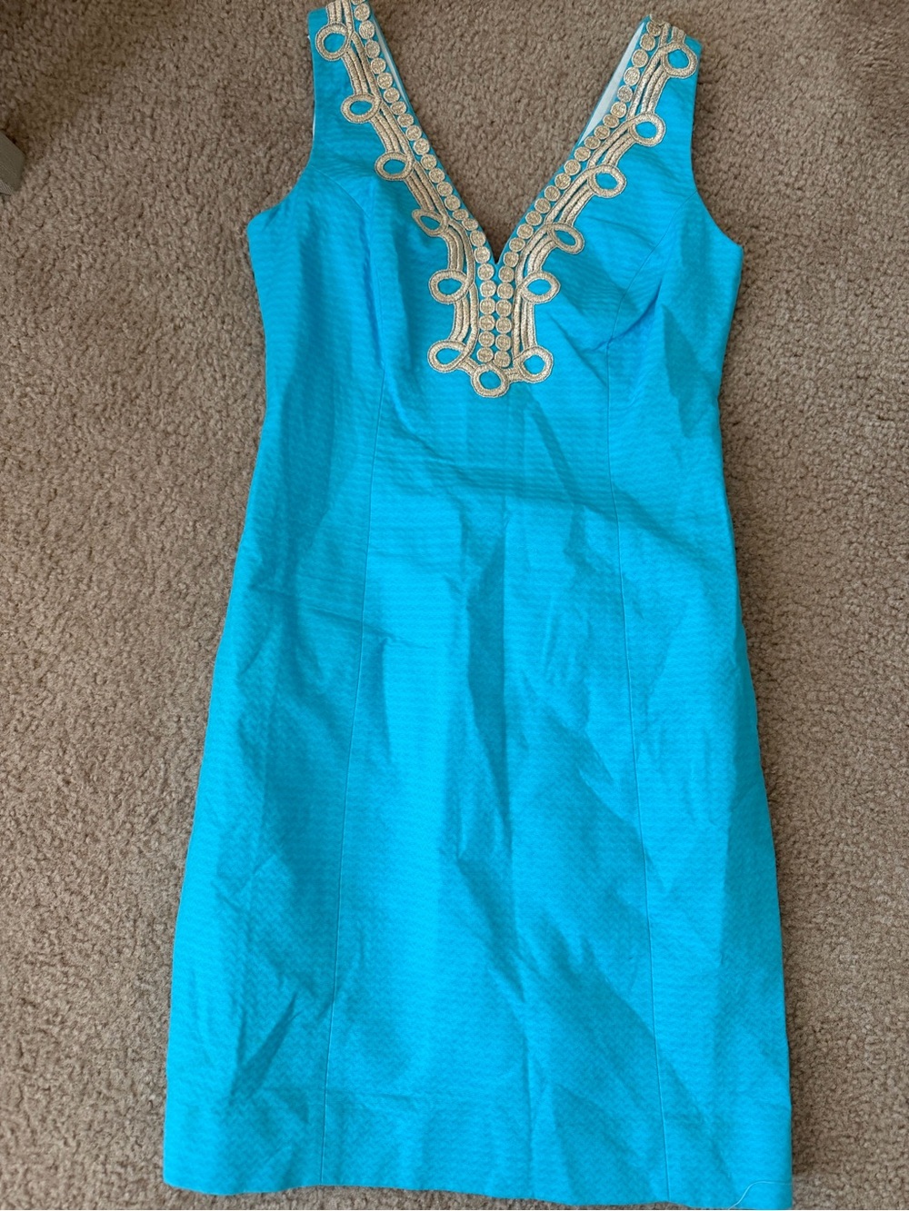 Lilly Pulitzer Turquoise Mini Dress with Gold Embellished V-Neck